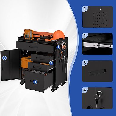 VIYET 34" Mobile Tool Storage Cabinet - 4-Drawer Garage Organizer with Lockable Door, Black