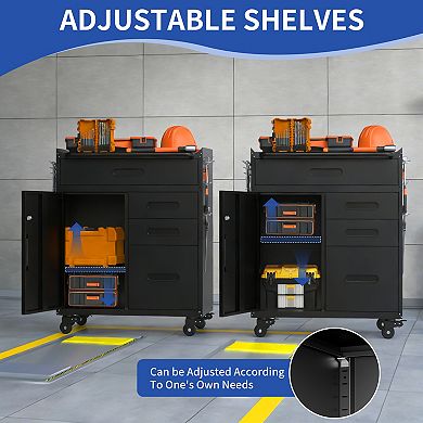 VIYET 34" Mobile Tool Storage Cabinet - 4-Drawer Garage Organizer with Lockable Door, Black