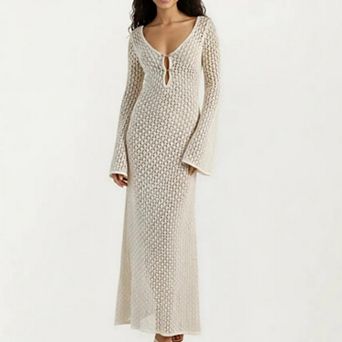 Crochet Cover Up Maxi Dress with Long Bell Sleeves Deep V Neck Sheer Knit Swim Cover Up