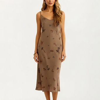 Modal Pajama Dress Sleeveless Spaghetti Strap Midi Sleepwear Nightgown with Printed Pattern