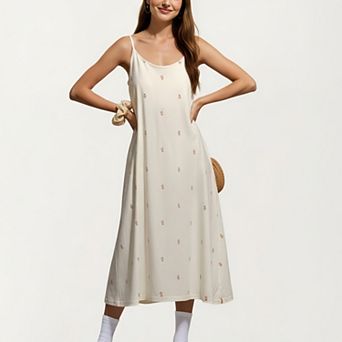 Sleeveless Pajama Dress with Spaghetti Straps Loose Fit Midi Sleepwear Nightgown with Allover Print