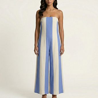 Strapless Striped Wide Leg Jumpsuit with Smocked Bodice Relaxed Fit Flowy One Piece