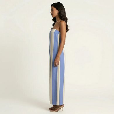 Strapless Striped Wide Leg Jumpsuit with Smocked Bodice Relaxed Fit Flowy One Piece