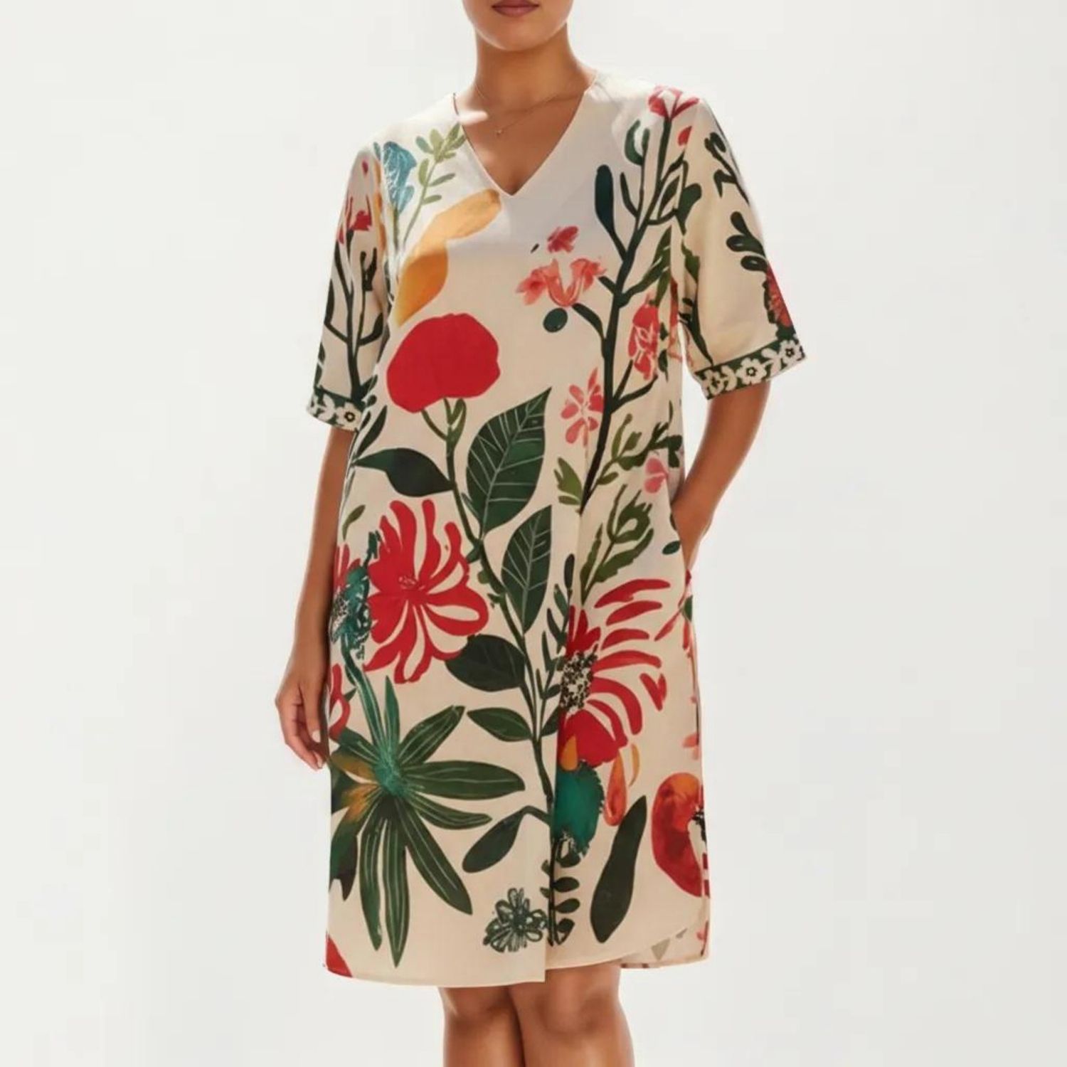 Женские платья Short Sleeve V Neck Shift Dress with Floral Print Relaxed Fit Knee Length Casual Dress