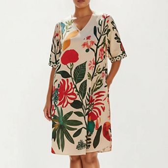 Short Sleeve V Neck Shift Dress with Floral Print Relaxed Fit Knee Length Casual Dress