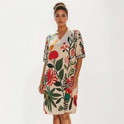 Short Sleeve V Neck Shift Dress with Floral Print Relaxed Fit Knee Length  Casual Dress
