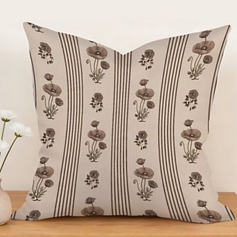 Neutral Floral Striped Decorative Throw Pillow, 18" Pillow Cover Singular