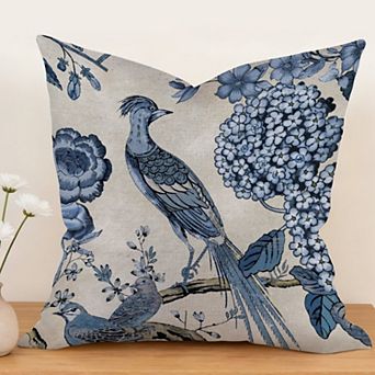 Outdoor Decorative Throw Pillow, 18" Pillow Cover Singular, Chinoiserie Pheasant Bird and Floral