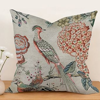 Outdoor Decorative Throw Pillow, 18" Pillow Cover Singular, Chinoiserie Pheasant Bird and Floral