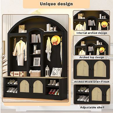 Lufeiya 59" Hall Tree with Shoe Storage, Hooks and Cabinets, Wardrobe with LED Light Strip