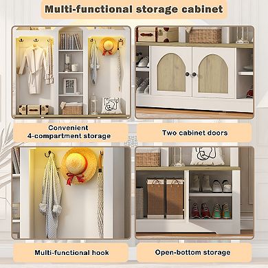 Lufeiya 59" Hall Tree with Shoe Storage, Hooks and Cabinets, Wardrobe with LED Light Strip