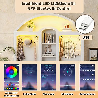 Lufeiya 59" Hall Tree with Shoe Storage, Hooks and Cabinets, Wardrobe with LED Light Strip