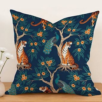 Outdoor Decorative Throw Pillow Cover, 18", 1 Pack, Blue Tiger And Peacock