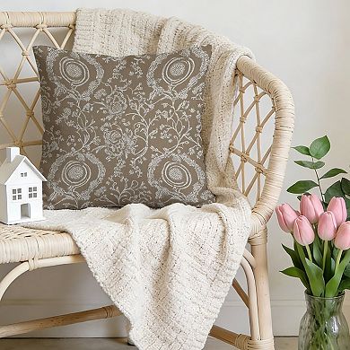 Decorative Throw Pillow, 18" Pillow Cover Singular, Indian Floral in Coffee