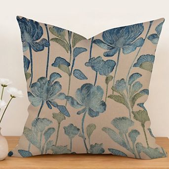 Outdoor Decorative Throw Pillow, 18" Pillow Cover Singular, Chinoiserie Coastal Style Blue Floral