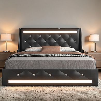 Lufeiya Leather Queen Upholstered Bed Frame with Charging Station,Wingback Headboard