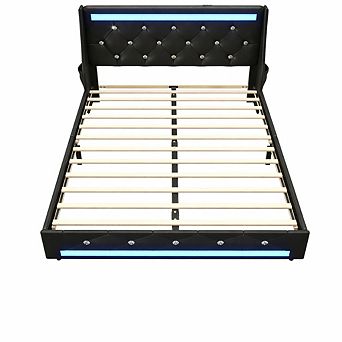 Lufeiya Leather Queen Upholstered Bed Frame with Charging Station,Wingback Headboard