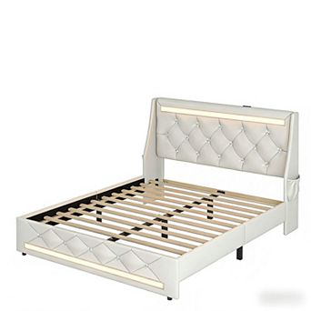 Lufeiya Leather Queen Upholstered Bed Frame with Charging Station,Wingback Headboard