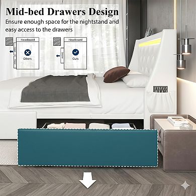 Lufeiya Full Size Upholstered Bed Frame with Charging Station, Wingback Diamond Headboard,2 Storage