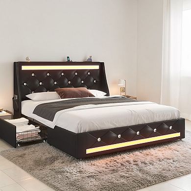 Lufeiya Full Size Upholstered Bed Frame with Charging Station, Wingback Diamond Headboard,2 Storage