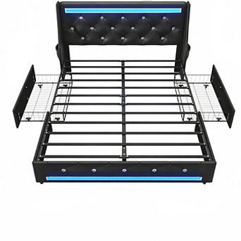 Lufeiya Full Size Upholstered Bed Frame with Charging Station, Wingback Diamond Headboard,2 Storage