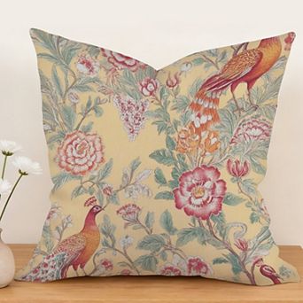 Decorative Throw Pillow, 18" Pillow Cover Singular, Garden Inspired Chinoiserie Birds Flowers