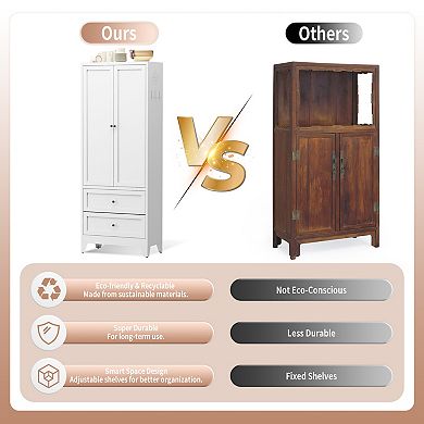 VIYET 72" White Steel Pantry Cabinet - Tall Kitchen Storage with 2 Drawers & Adjustable Shelves
