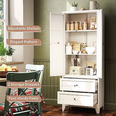 VIYET 72" White Steel Pantry Cabinet - Tall Kitchen Storage with 2 Drawers & Adjustable Shelves