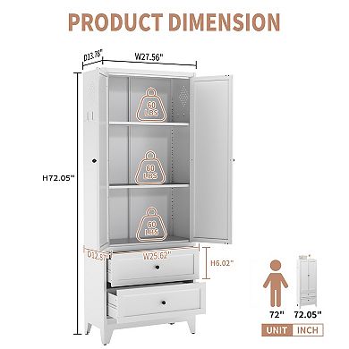 VIYET 72" White Steel Pantry Cabinet - Tall Kitchen Storage with 2 Drawers & Adjustable Shelves
