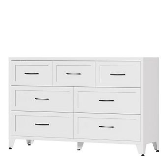 VIYET 7-Drawer Metal Dresser - Wide Low-Profile Storage Cabinet & Media Stand for Bedroom, White