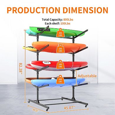 VIYET 82" Heavy Duty Kayak Rack - Adjustable 8-Kayak Freestanding Storage Stand with Wheels