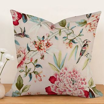 Decorative Throw Pillow, 18" Pillow Cover Singular, Bird And Chinoiserie Floral Peony
