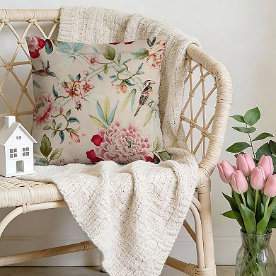 Decorative Throw Pillow, 18" Pillow Cover Singular, Bird And Chinoiserie Floral Peony