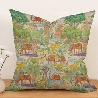 Outdoor Decorative Throw Pillow Cover, 18", 1 Pack, Chinoiserie Jungle Elephants Trees Grey Green