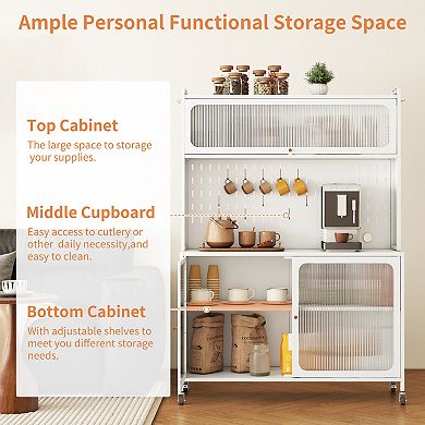 VIYET 64" Tall Kitchen Pantry Cabinet - Steel Sideboard with Glass Doors & Microwave Stand