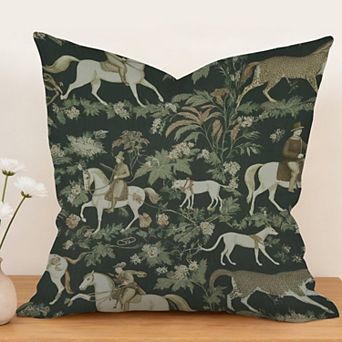 Decorative Throw Pillow, 18" Pillow Cover Singular, Chinoiserie Horse Toile in Green