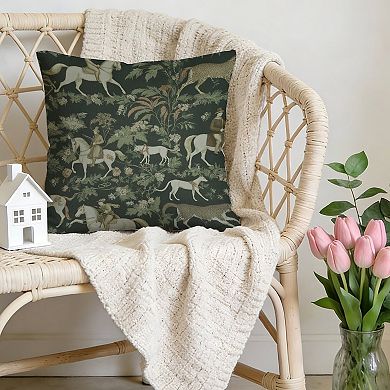 Decorative Throw Pillow, 18" Pillow Cover Singular, Chinoiserie Horse Toile in Green
