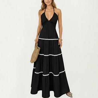 Sleeveless Halter Neck Maxi Dress with Pleated Fabric Contrast Trim Detail and Tiered Flowy Design