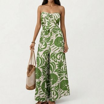 Strapless Wide Leg Jumpsuit with Tropical Print Front Tie Detail and Relaxed Flowy Fit Design