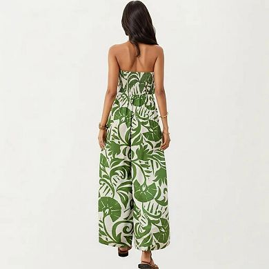 Strapless Wide Leg Jumpsuit with Tropical Print Front Tie Detail and Relaxed Flowy Fit Design