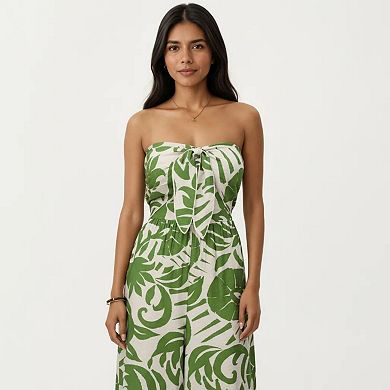 Strapless Wide Leg Jumpsuit with Tropical Print Front Tie Detail and Relaxed Flowy Fit Design