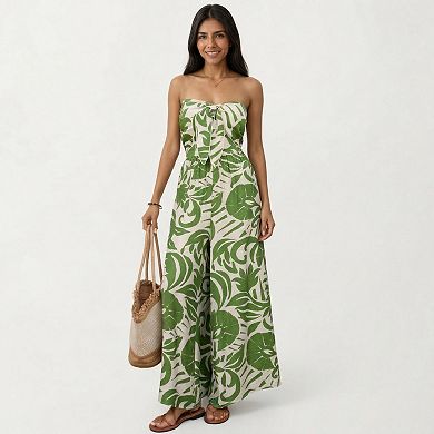Strapless Wide Leg Jumpsuit with Tropical Print Front Tie Detail and Relaxed Flowy Fit Design