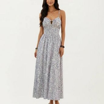 Sleeveless Floral Maxi Dress with Spaghetti Straps Smocked Waist and Flowy A-Line Silhouette Design