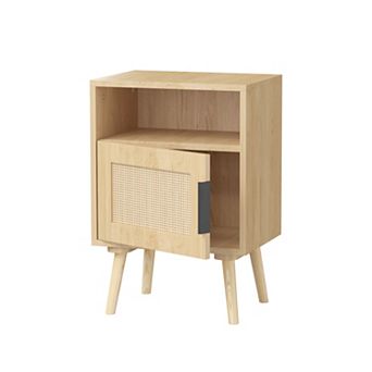 Rattan Nightstand with Storage Shelf, Boho Bedside Table, with Door Open Shelf, Solid Wood Legs