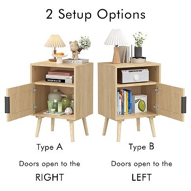 Rattan Nightstand with Storage Shelf, Boho Bedside Table, with Door Open Shelf, Solid Wood Legs