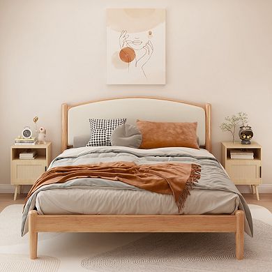 Rattan Nightstand with Storage Shelf, Boho Bedside Table, with Door Open Shelf, Solid Wood Legs