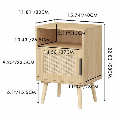 Rattan Nightstand with Storage Shelf, Boho Bedside Table, with Door Open Shelf, Solid Wood Legs