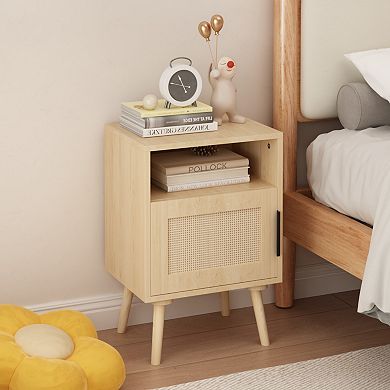 Rattan Nightstand with Storage Shelf, Boho Bedside Table, with Door Open Shelf, Solid Wood Legs