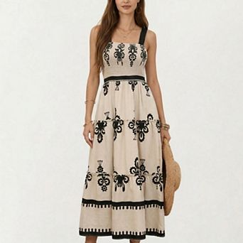 Sleeveless Smocked Midi Dress with Wide Straps Tiered Skirt and Bohemian Floral Print Design