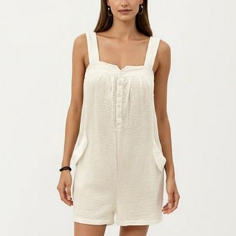 Sleeveless Textured Romper with Wide Straps Button Front Detail and Relaxed Fit Lightweight Design